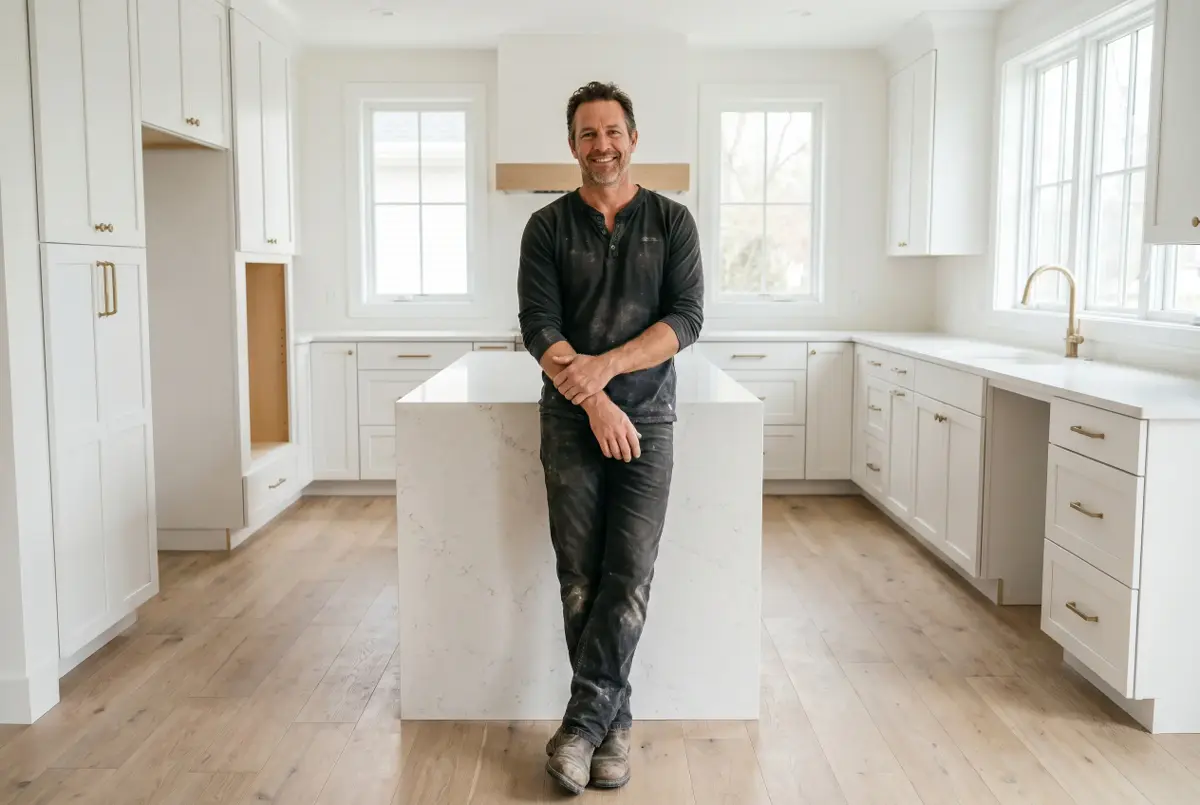 A residential remodeling contractor in a kitchen he just finished