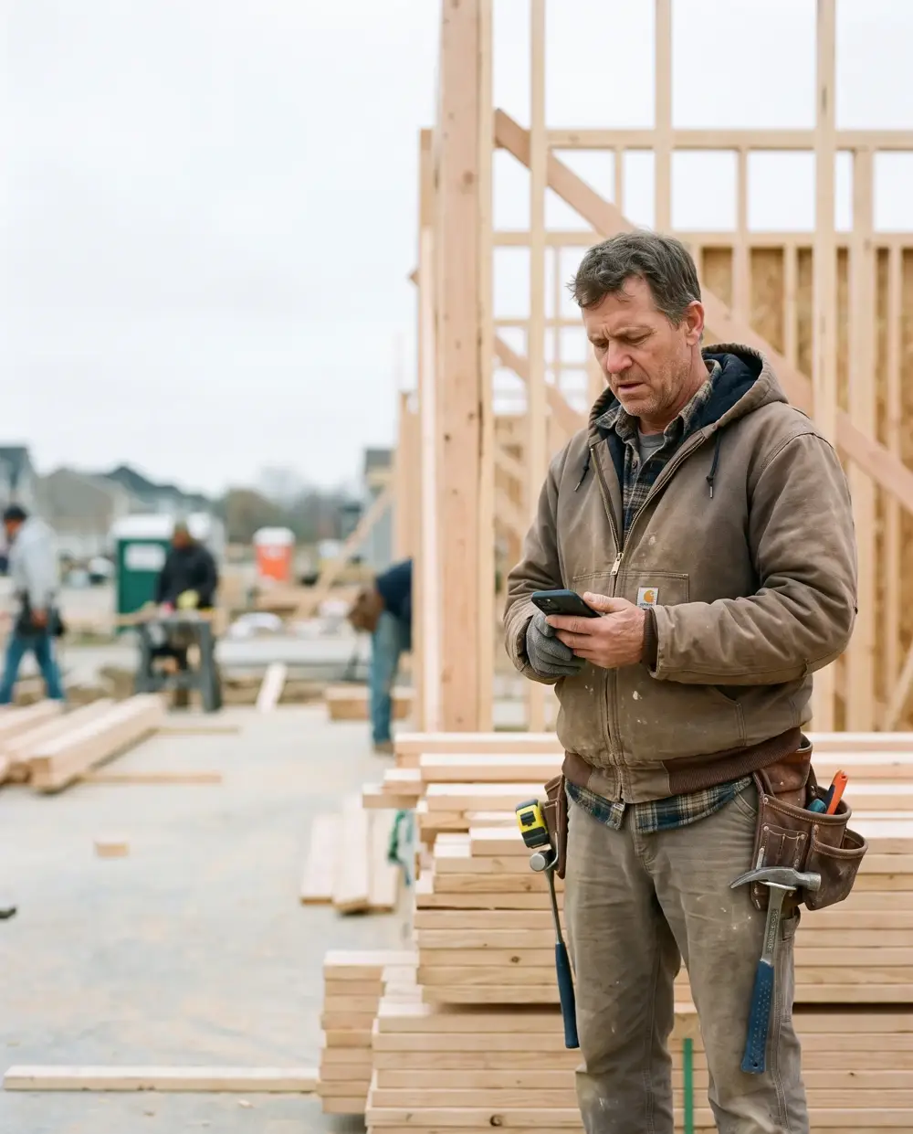 A contractor checking his phone on a job site