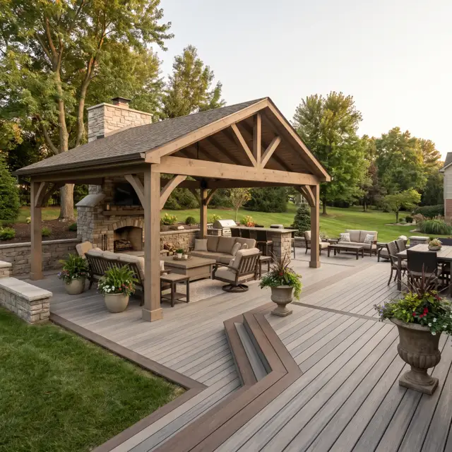 Backyard outdoor living space with fireplace